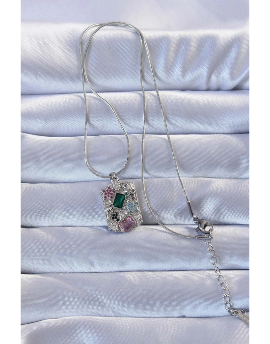 316L Gümüş Renk Çok Renkli Zirkon Taşlı Vintage Kolye