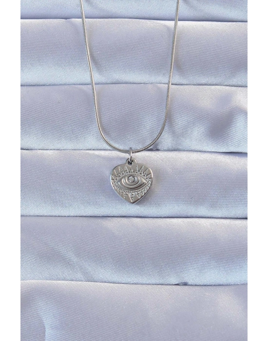 316L Gümüş Renk Zirkon Taşlı İşlemeli Göz Detay Kalp Kolye