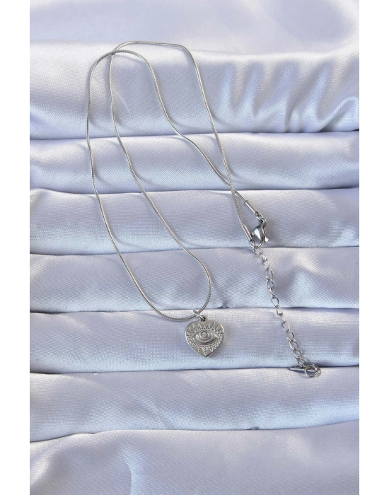 316L Gümüş Renk Zirkon Taşlı İşlemeli Göz Detay Kalp Kolye