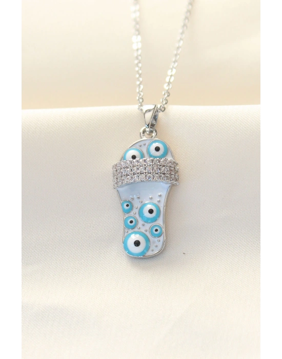 316L Zinciri Çelik Zirkon Taşlı Gümüş Renk Nazar Boncuklu Terlik Kolye