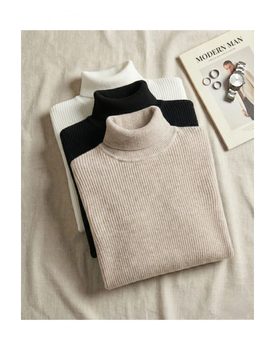 3lü Siyah Beyaz Bej Boğazlı Kazak Mevsimlik Kurtarıcı Parça Pamuklu Balıkçı Yaka Şardonlu Slimfit