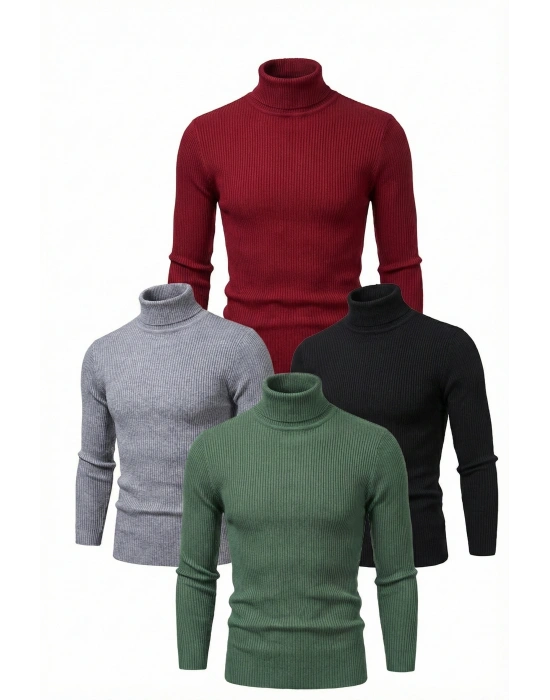 4lü Siyah, Bordo, Gri, Haki Unisex Kaşkorse Boğazlı Full Likralı Fitilli Body Kazak