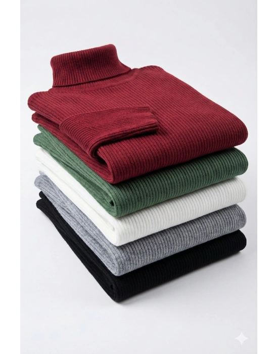 5li Siyah, Beyaz, Bordo, Gri, Haki Unisex Kaşkorse Boğazlı Full Likralı Fitilli Body Kazak