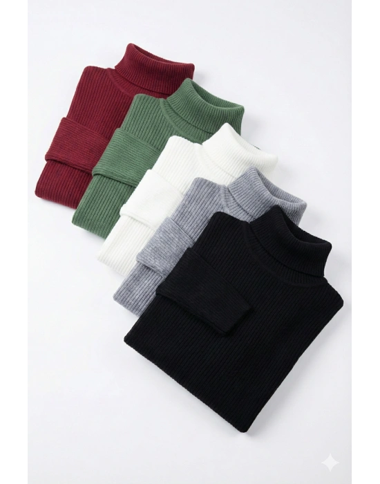 5li Siyah, Beyaz, Bordo, Gri, Haki Unisex Kaşkorse Boğazlı Full Likralı Fitilli Body Kazak