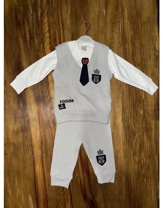 6-24 aylık kravatlı üçlü takım gri