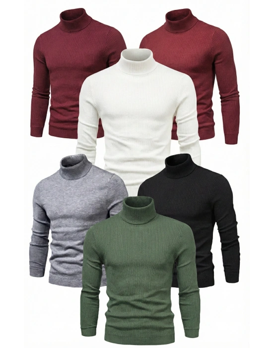 6lı Siyah, Beyaz, Bordo, Gri, Haki Unisex Kaşkorse Boğazlı Full Likralı Fitilli Body Kazak