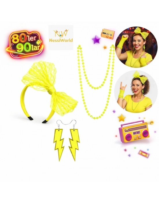80’ler 90’lar Neon Sarı Parti Seti – Kolye Küpe Taç