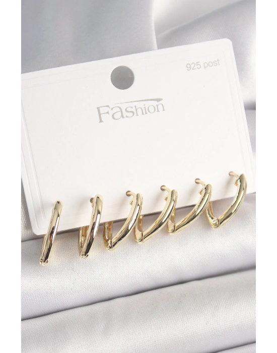 925 Ayar Gümüş Çivi Pirinç Gold Renk Üçgen Model Kadın Küpe Seti