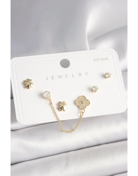 925 Ayar Gümüş Çivi Pirinç Gold Renk Zirkon Taşlı Yonca Model Sallantı Zincir Detay Kadın Küpe Seti