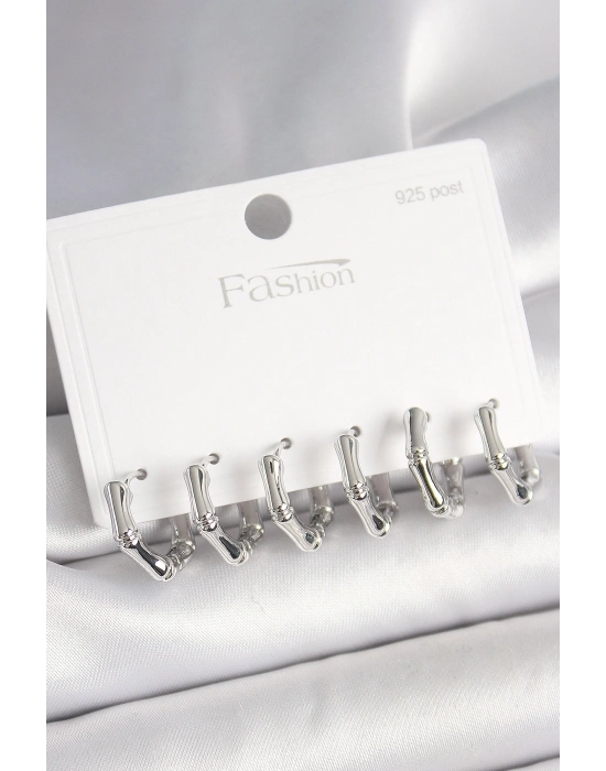 925 Ayar Gümüş Çivi Pirinç Gümüş Renk Bambu Halka Model Kadın Küpe Seti