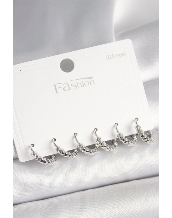 925 Ayar Gümüş Çivi Pirinç Gümüş Renk Kalp İşlemeli Halka Model Kadın Küpe Seti