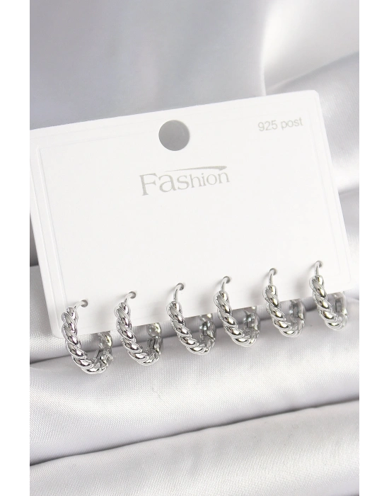 925 Ayar Gümüş Çivi Pirinç Gümüş Renk Sarmal Halka Model Kadın Küpe Seti