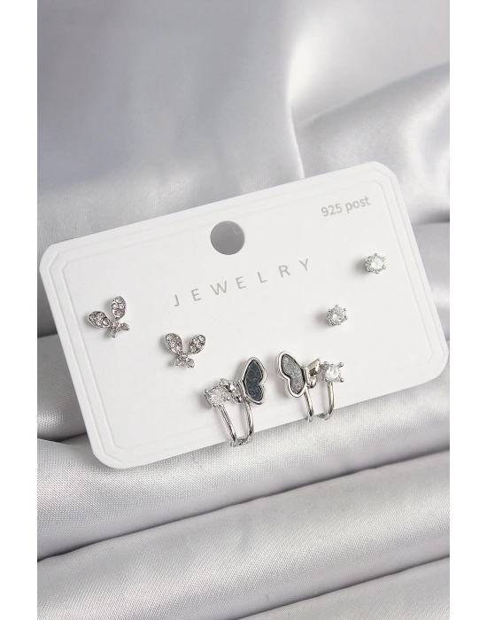 925 Ayar Gümüş Çivi Pirinç Gümüş Renk Zirkon Taşlı Kelebek Model Kadın Küpe Seti