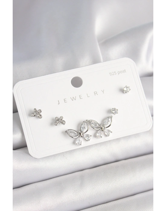 925 Ayar Gümüş Çivi Pirinç Gümüş Renk Zirkon Taşlı Kelebek Model Kadın Küpe Seti