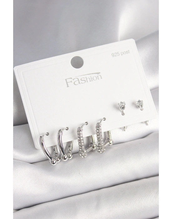 925 Ayar Gümüş Çivi Pirinç Gümüş Renk Zirkon Taşlı Tiffany Halka Model Kadın Küpe Seti