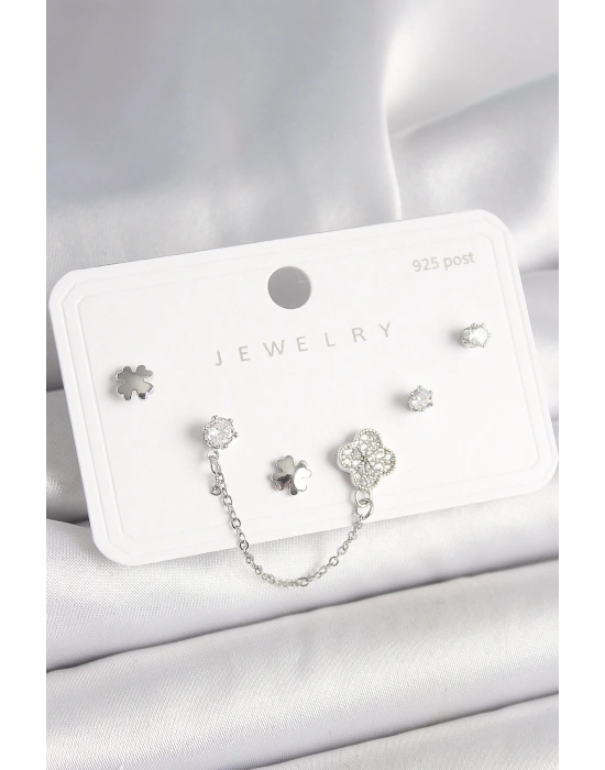 925 Ayar Gümüş Çivi Pirinç Gümüş Renk Zirkon Taşlı Yonca Model Sallantı Zincir Detay Kadın Küpe Seti