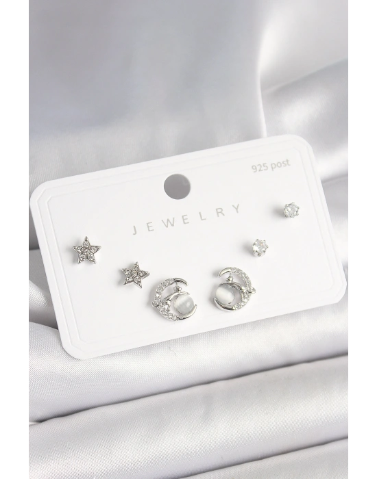 925 Ayar Gümüş Çivi Zirkon Taşlı Hilal Yıldız Model Kadın Küpe Seti