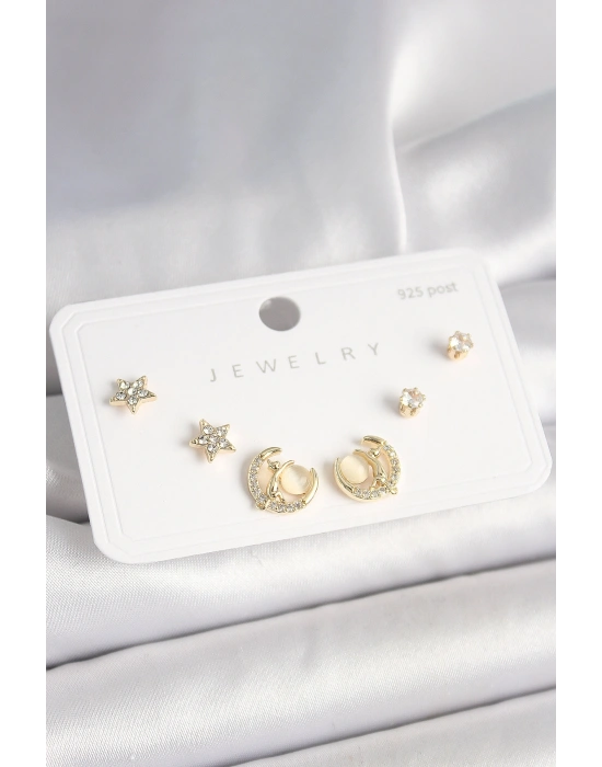 925 Ayar Gümüş Çivi Zirkon Taşlı Hilal Yıldız Model Kadın Küpe Seti