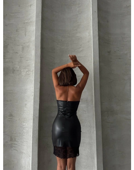 Altı dantelli straplez deri elbise siyah w240419