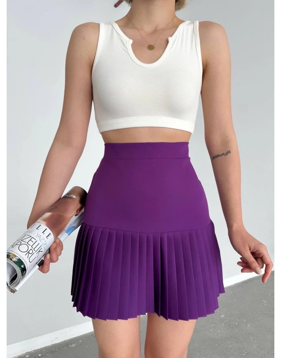 Altı pliseli mini etek Mor s24705