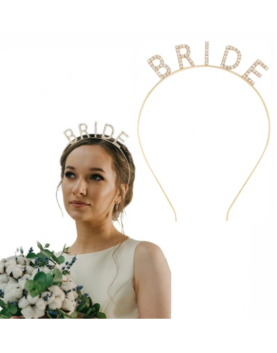 Altın Gold Renk Bekarlığa Veda Kristal Taş Bride Tacı İthal 16x10 cm