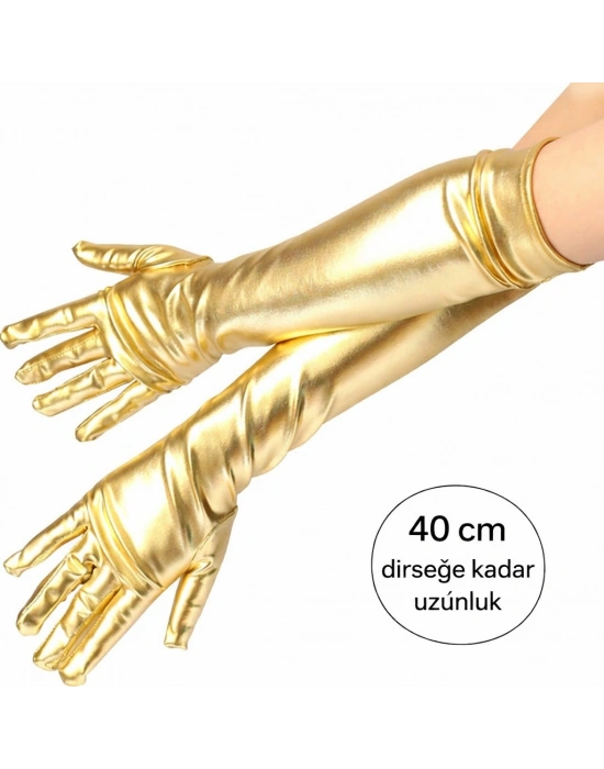 Altın Renk Dirsek Altı Lüks Saten Eldiven 40 cm