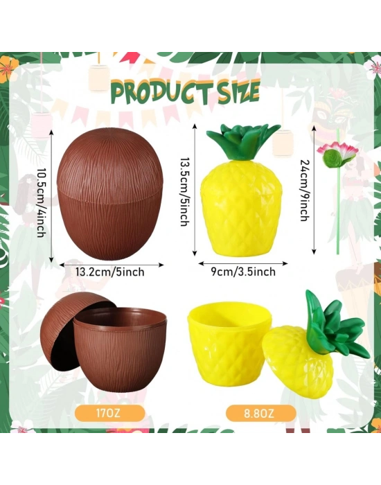 Ananas&Hindistan Cevizi Tasarımlı Pipetli Bardak Seti (6 Adet)