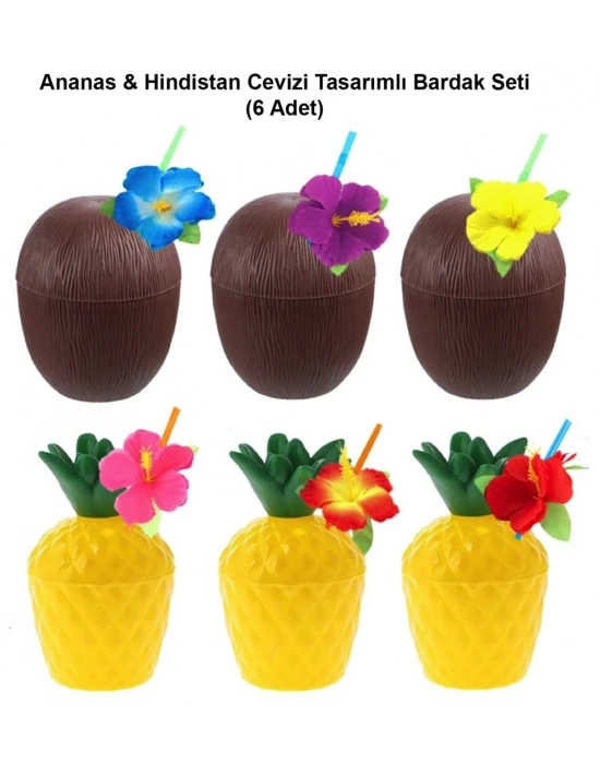 Ananas&Hindistan Cevizi Tasarımlı Pipetli Bardak Seti (6 Adet)