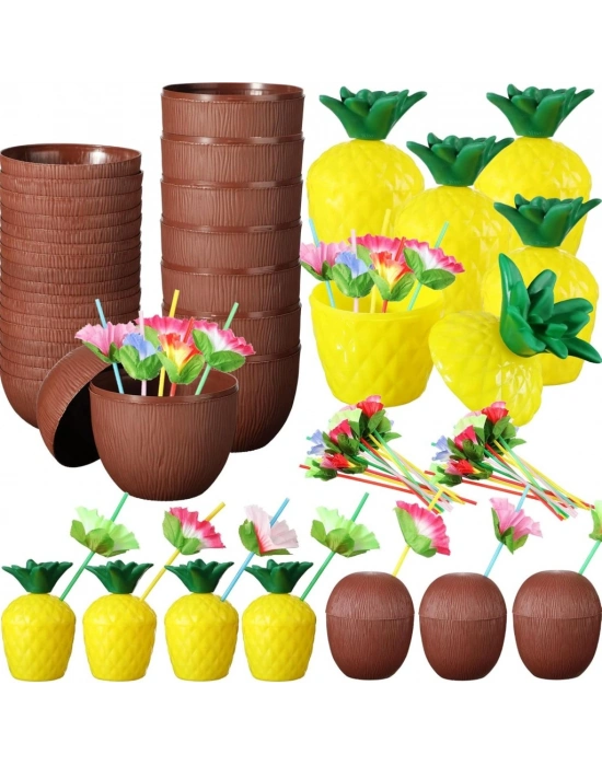 Ananas&Hindistan Cevizi Tasarımlı Pipetli Bardak Seti (6 Adet)