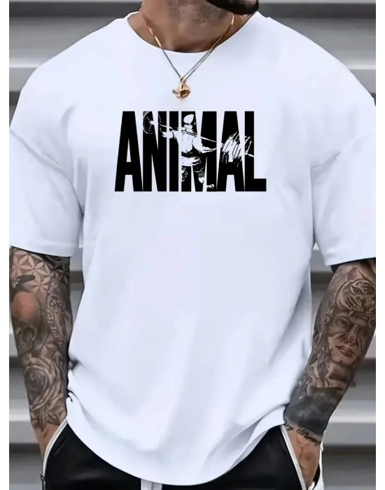 ANIMAL Desen Baskı Erkek Oversive Tişört, Grafik Tişört Erkek Yazlık Outdoor Kıyafetleri, Sporda ve Günlük Giyime Uygun - Beyaz