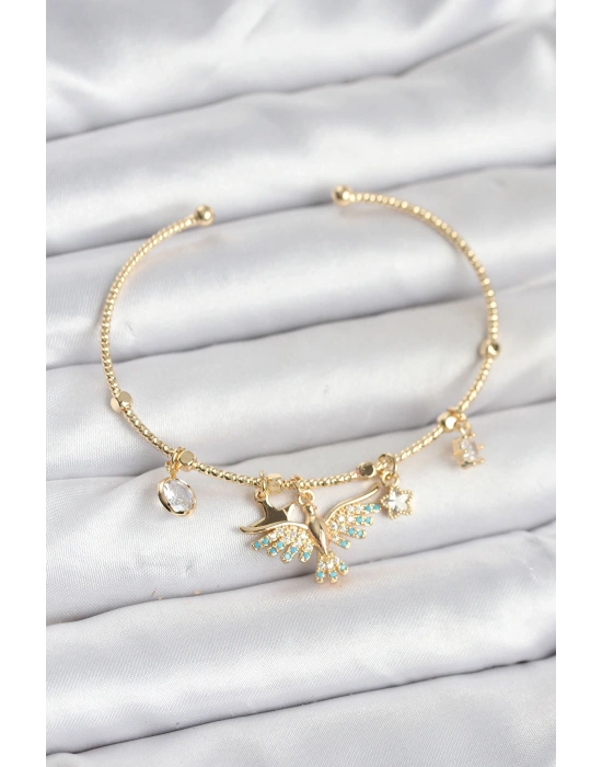 Anka Kuşu Charmlı Gold Renk Pirinç Kadın Bileklik