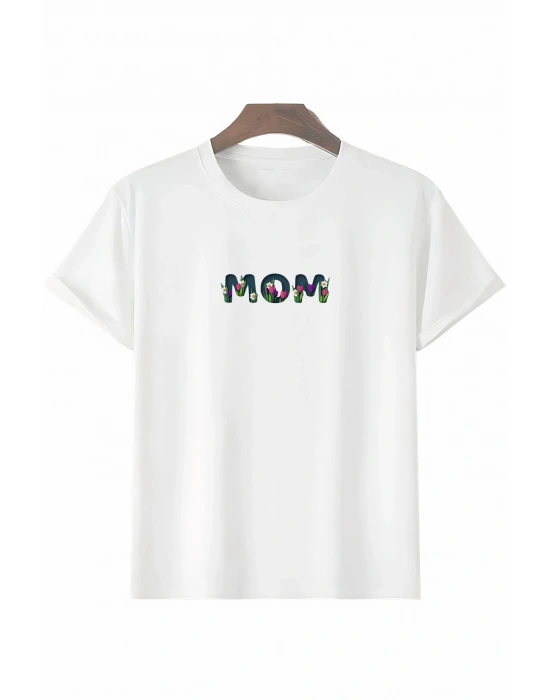 Anneler Gününe Özel Tasarım mom Çiçek Baskılı T-shirt - Beyaz