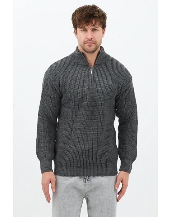 Antrasit Erkek Oversize Fermuarlı Balıkçı Triko Kazak