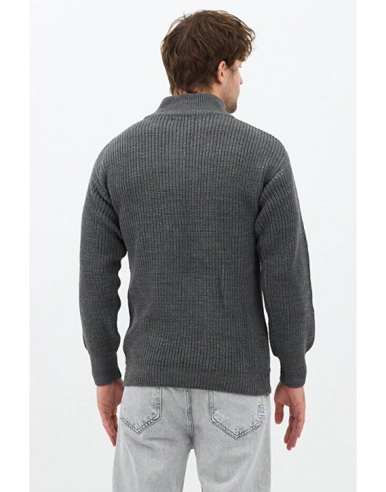 Antrasit Erkek Oversize Fermuarlı Balıkçı Triko Kazak