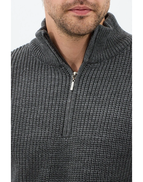 Antrasit Erkek Oversize Fermuarlı Balıkçı Triko Kazak