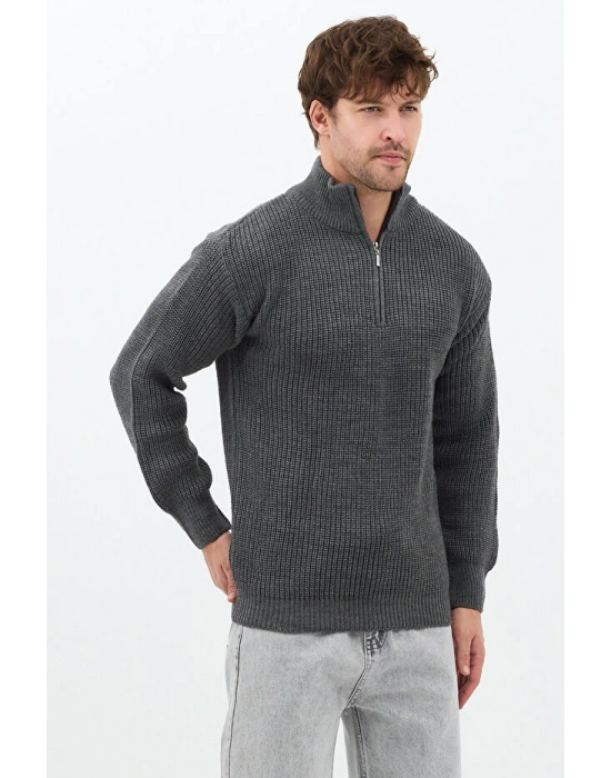 Antrasit Erkek Oversize Fermuarlı Balıkçı Triko Kazak