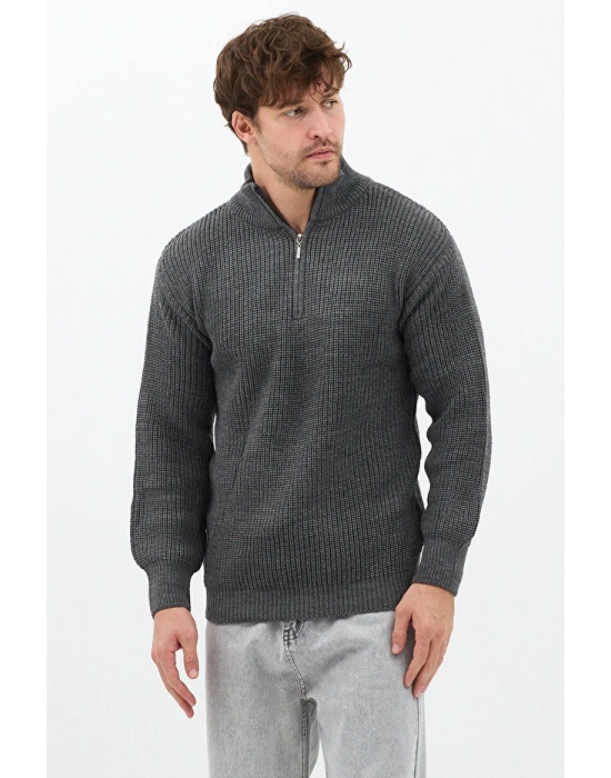 Antrasit Erkek Oversize Fermuarlı Balıkçı Triko Kazak