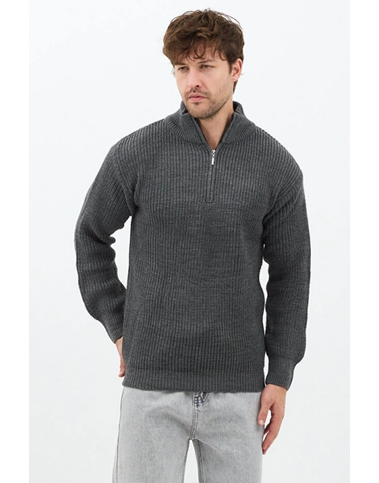 Antrasit Erkek Oversize Fermuarlı Balıkçı Triko Kazak