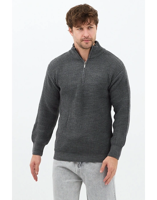 Antrasit Erkek Oversize Fermuarlı Balıkçı Triko Kazak