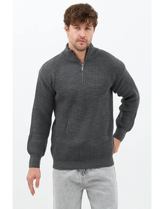 Antrasit Erkek Oversize Fermuarlı Balıkçı Triko Kazak