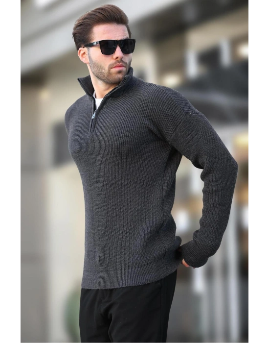 Antrasit Fermuar Yaka Triko Erkek Kazak E7295