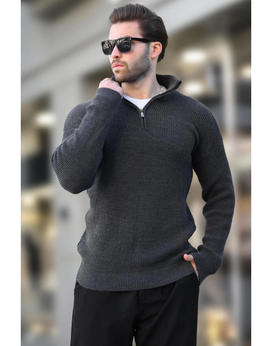 Antrasit Fermuar Yaka Triko Erkek Kazak E7295