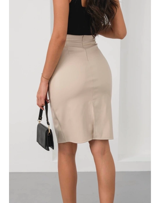 Arkadan yırtmaçlı kalem etek bej