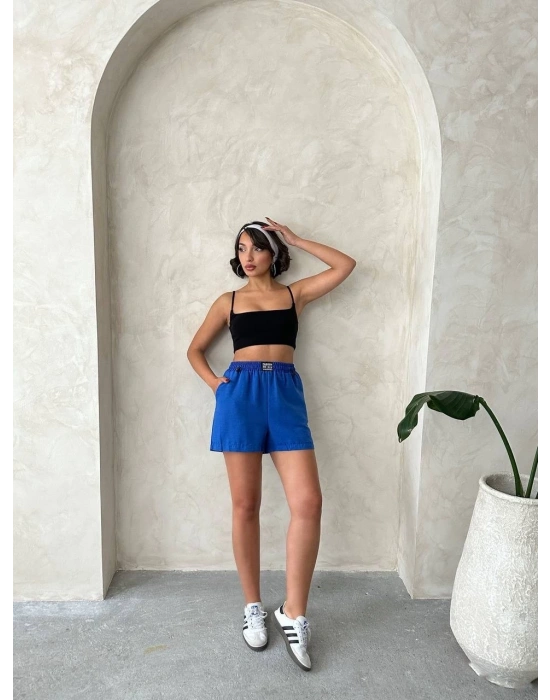 Armalı keten şort saks mavisi s251003