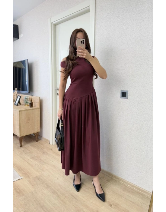 Asimetrik düşük yaka Kolsuz Uzun Elbise - Bordo