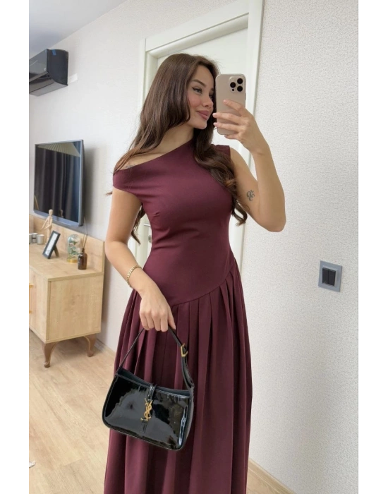 Asimetrik düşük yaka Kolsuz Uzun Elbise - Bordo