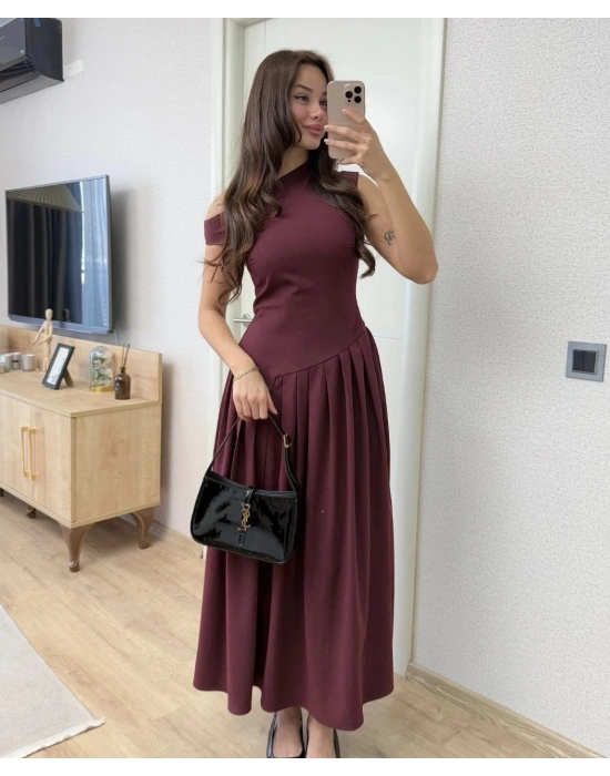 Asimetrik düşük yaka Kolsuz Uzun Elbise - Bordo