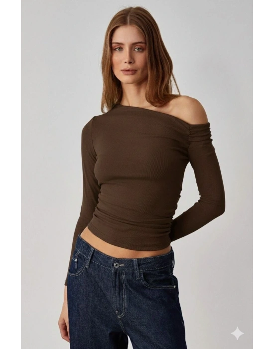 Asimetrik yaka bluz kahve pt