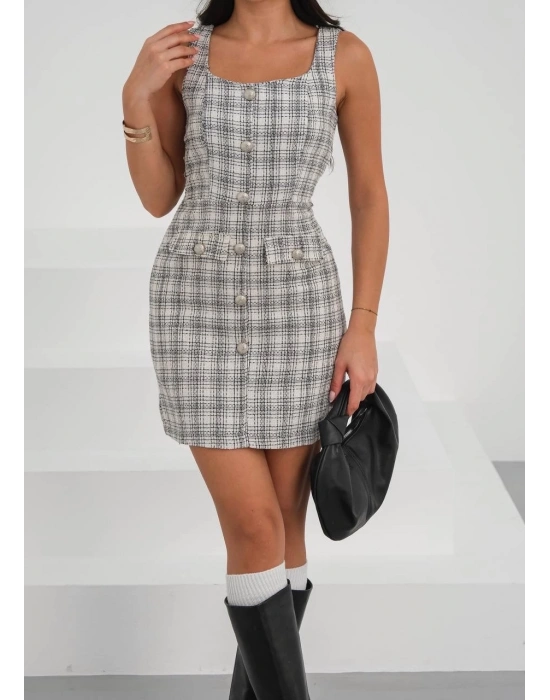 Askılı ch kumaş düğmeli elbise gribeyaz h265007