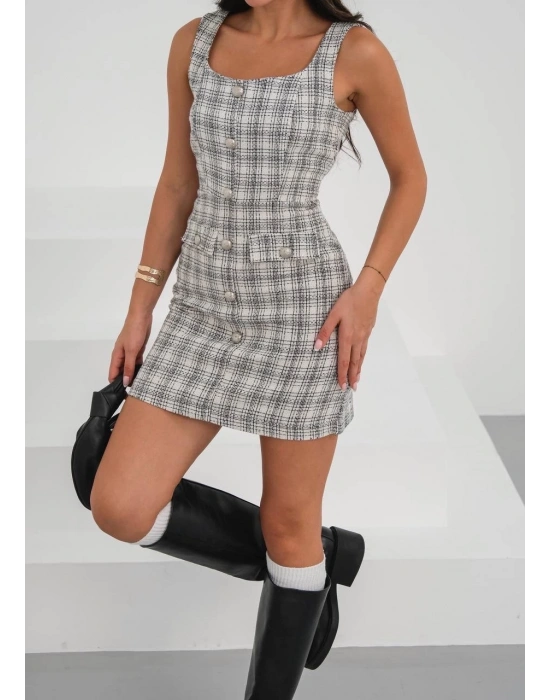 Askılı ch kumaş düğmeli elbise gribeyaz h265007